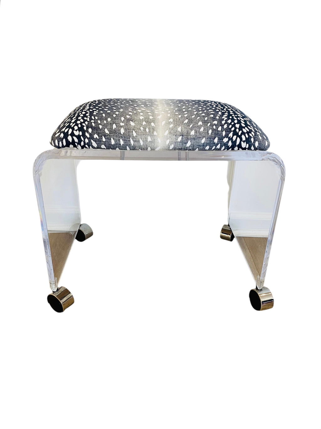 Reworked vintage Lucite Waterfall Stool on Casters, Antelope Fabric