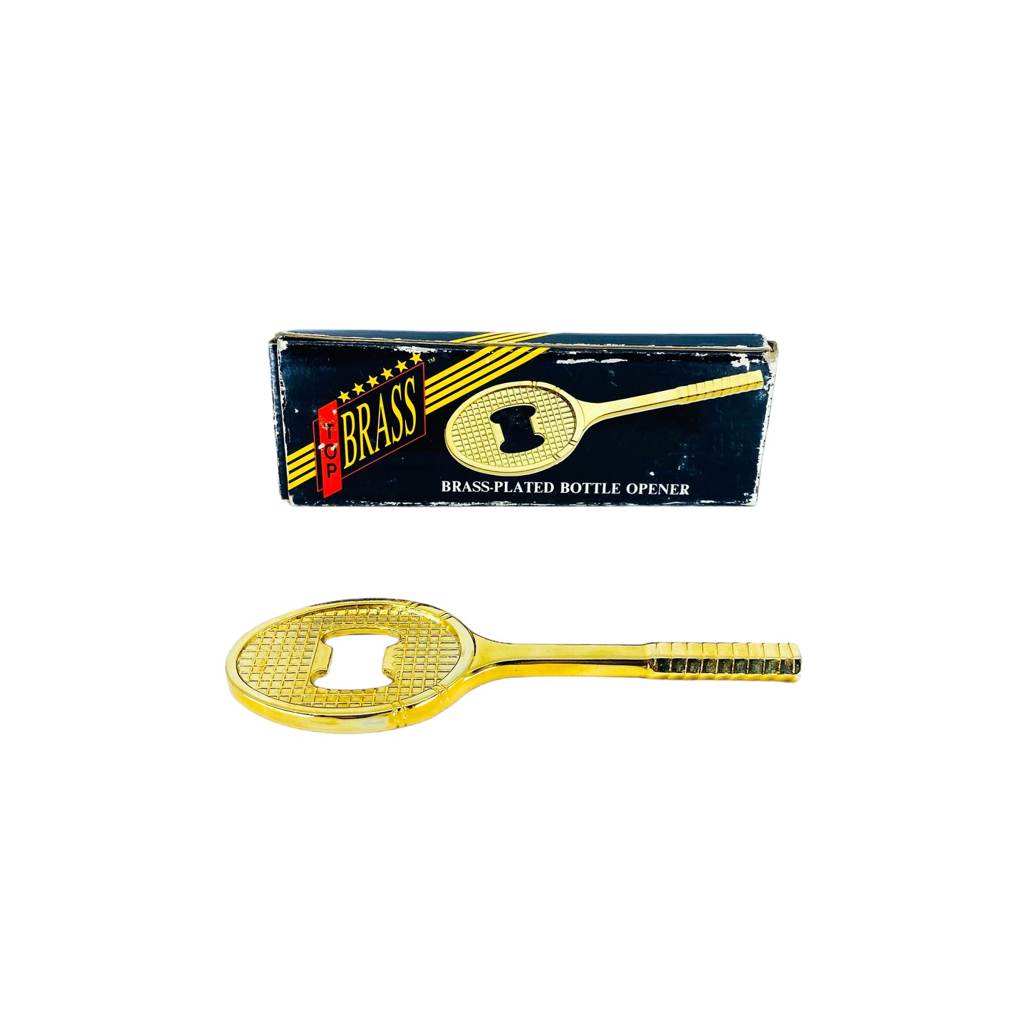 Vintage Brass Plated Tennis Racket Bottle Opener, NIB, 1989