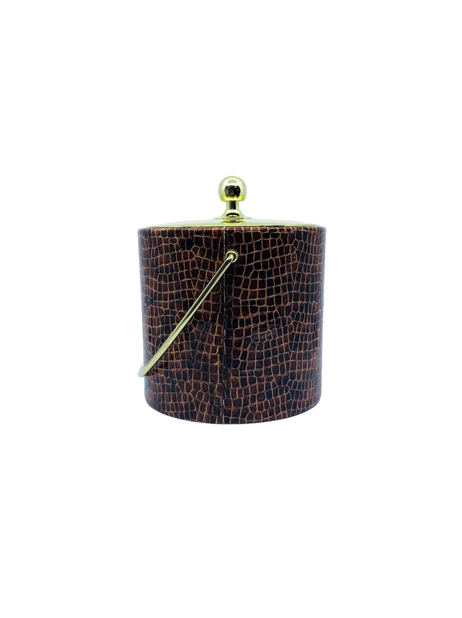 Vintage Chocolate Brown Embossed Croc Ice Bucket with Brass Detail