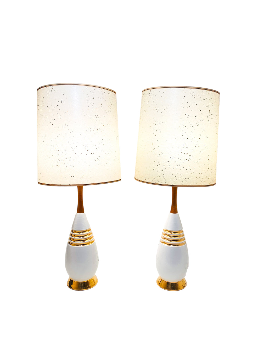 MCM Ceramic Lamps with Gold Detail & Teak Neck, Pair, **Local Pick Up Only
