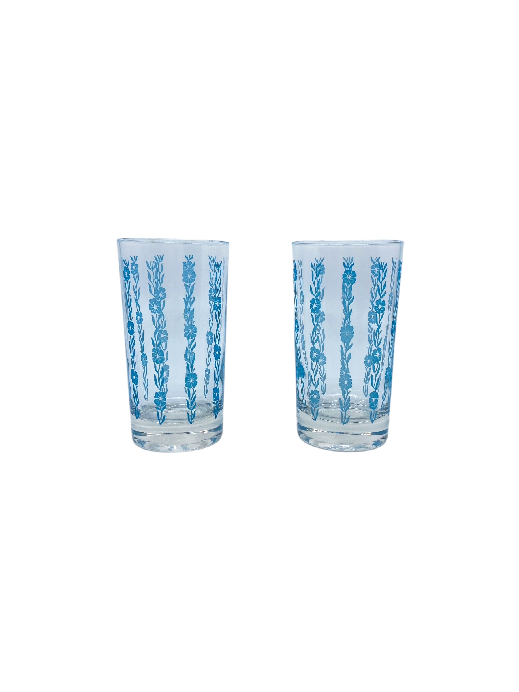 Vintage Cornflower Blue Floral Glasses, Pair