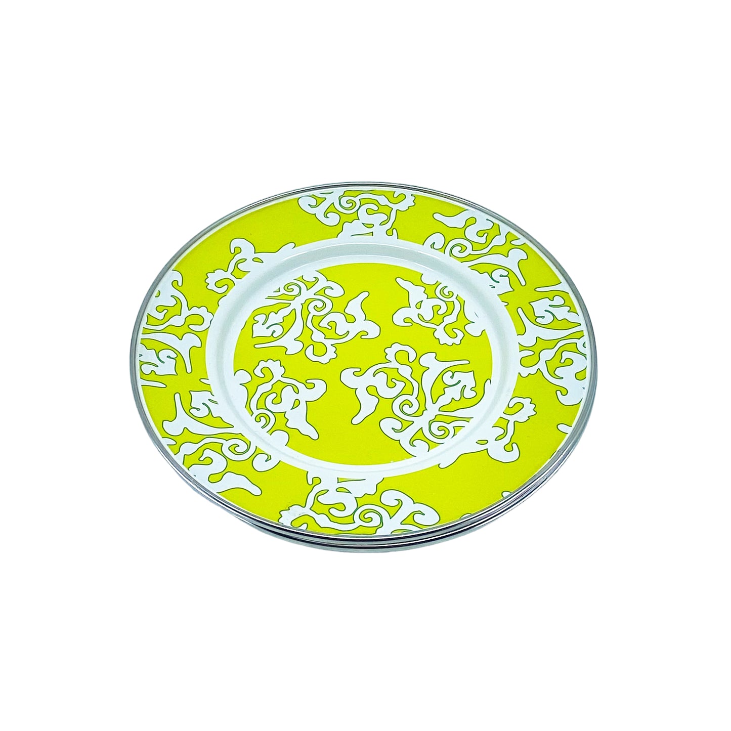 Golden Rabbit Lemon Grass Damask Enamel Metal Plates by Laura Fair, Pair