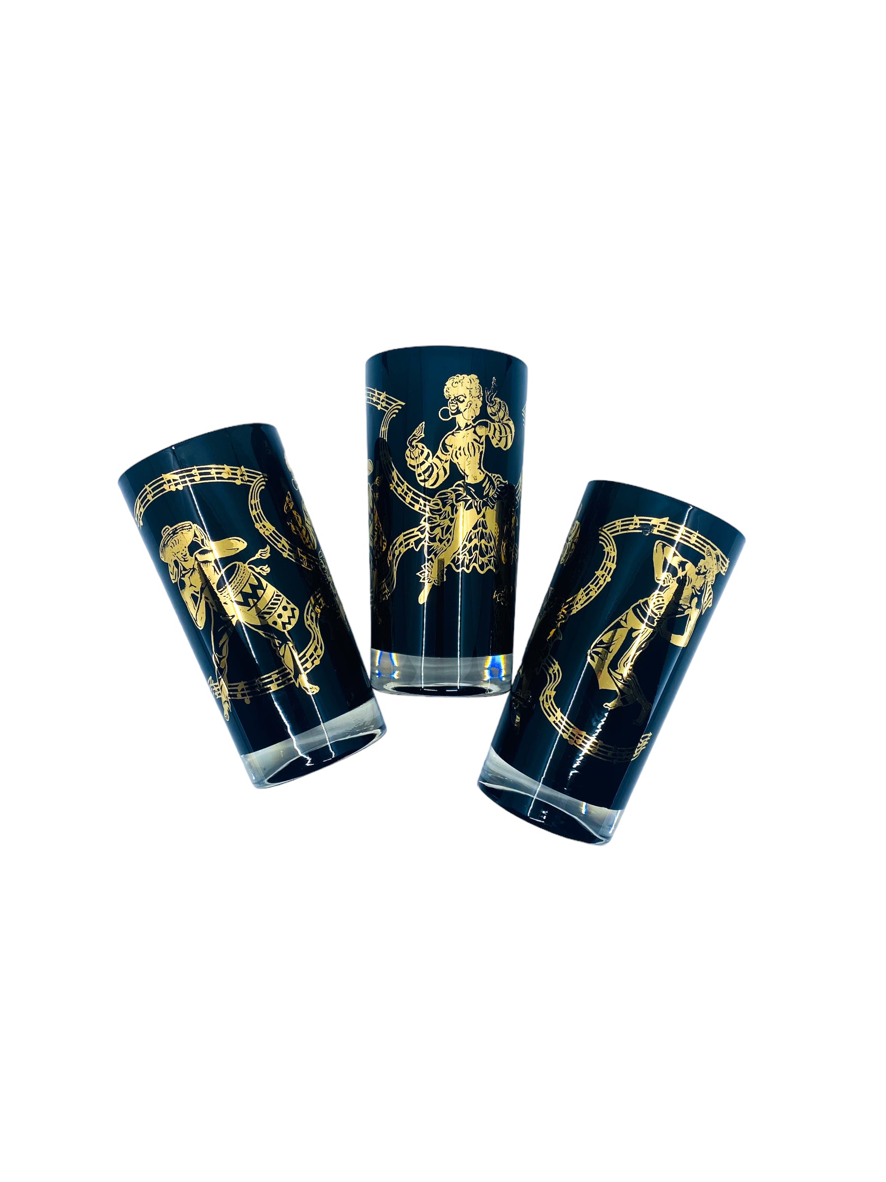 Vintage 1950’s Caribbean Calypso Black & Gold Dancer Collins Glasses by Federal Glass, S/4