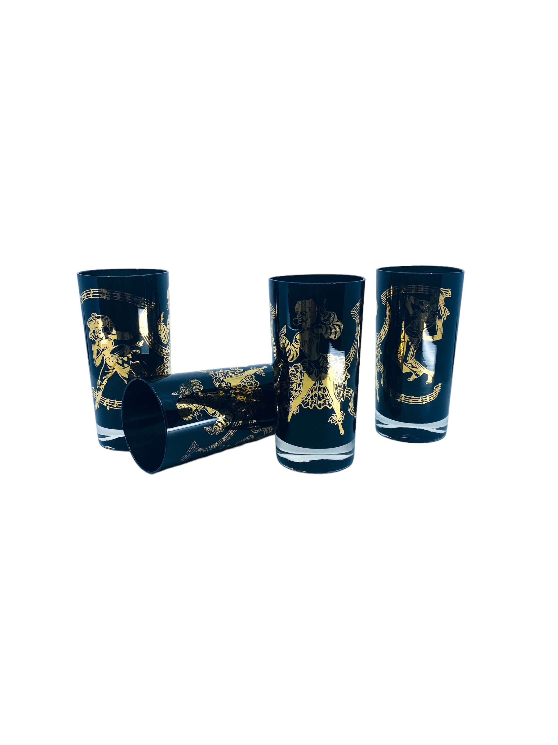 Vintage 1950’s Caribbean Calypso Black & Gold Dancer Collins Glasses by Federal Glass, S/4
