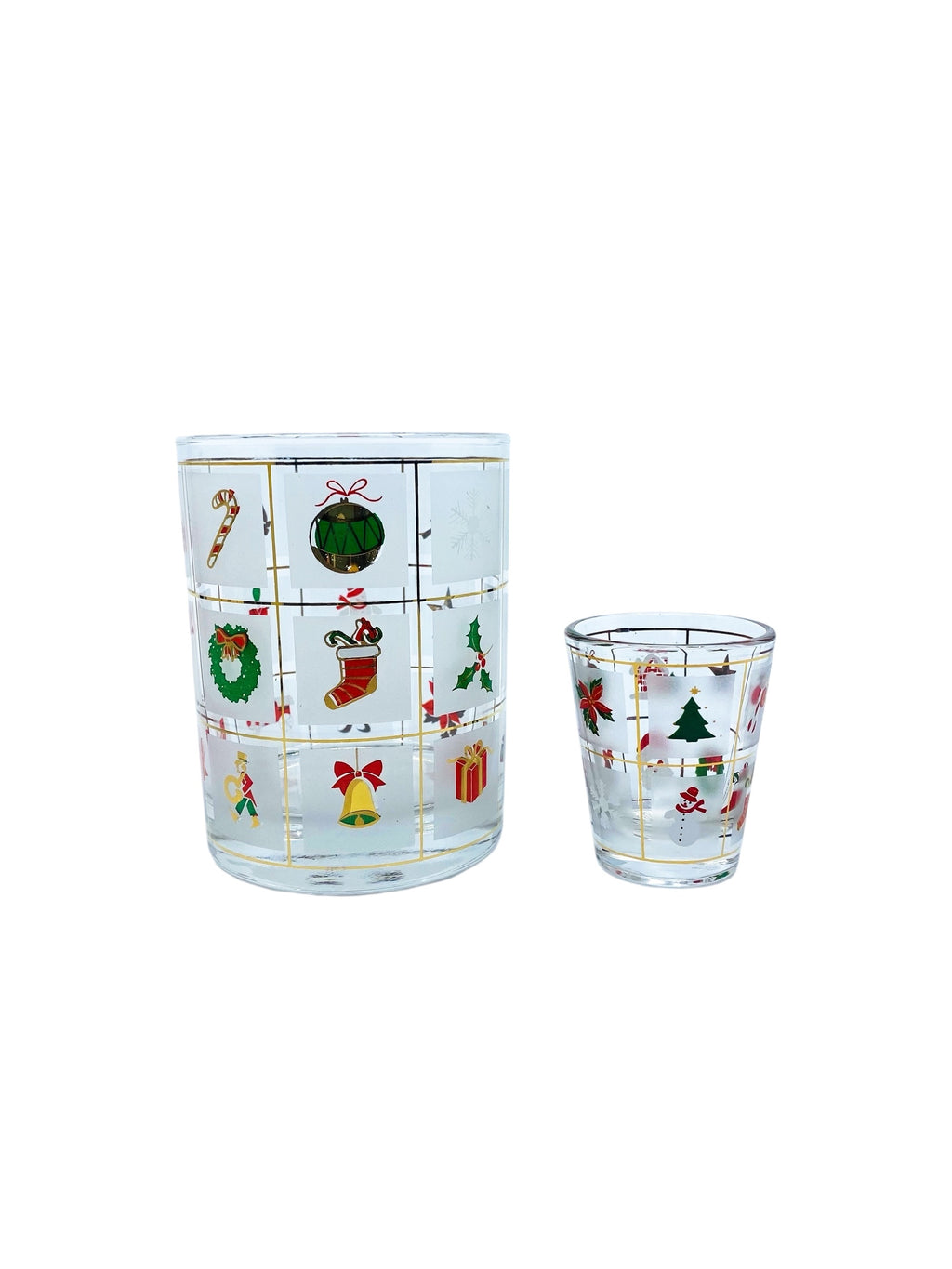 Vintage Culver Christmas Potpourri Double Old Fashioned Glasses, Set of 6 with Bonus Shot Glass