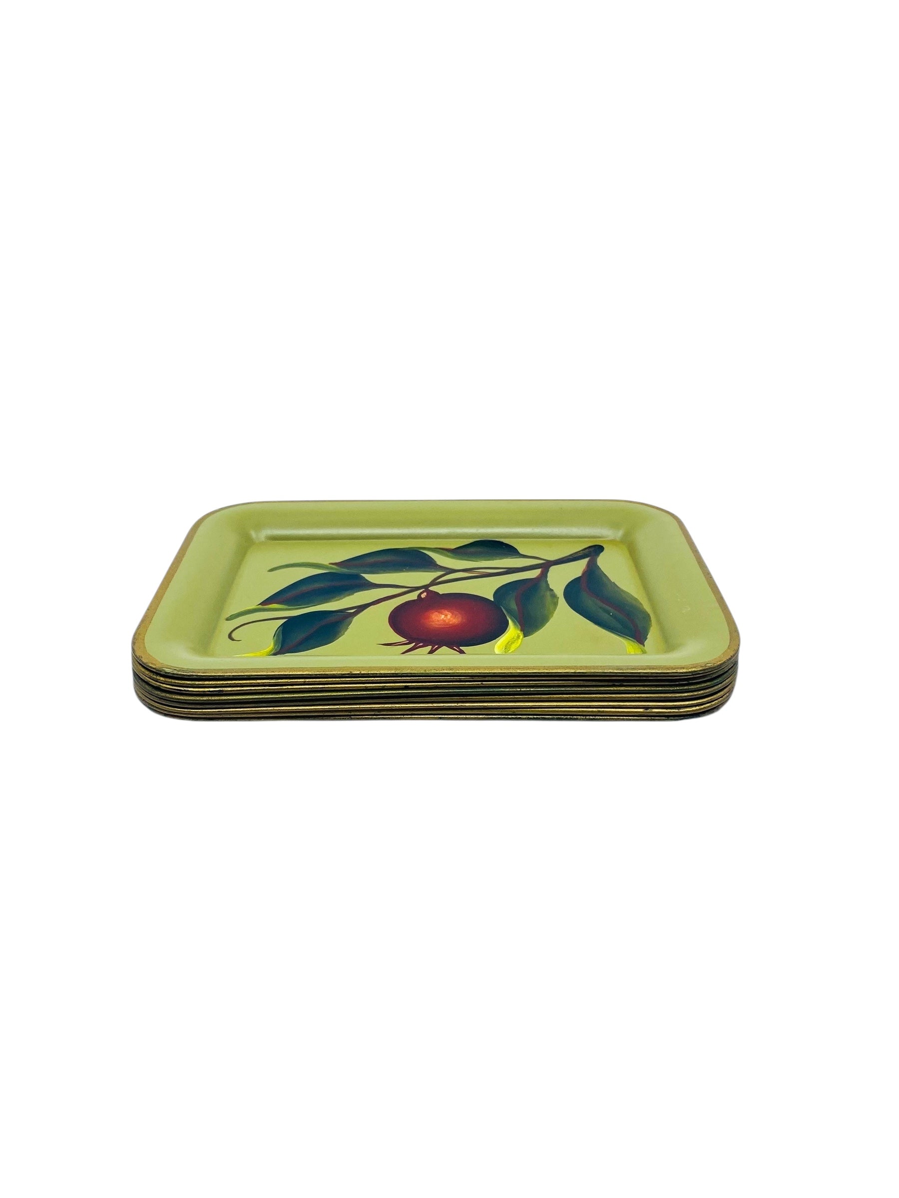Vintage Hand Painted Fruit Decorative Metal Trays, Set of 8