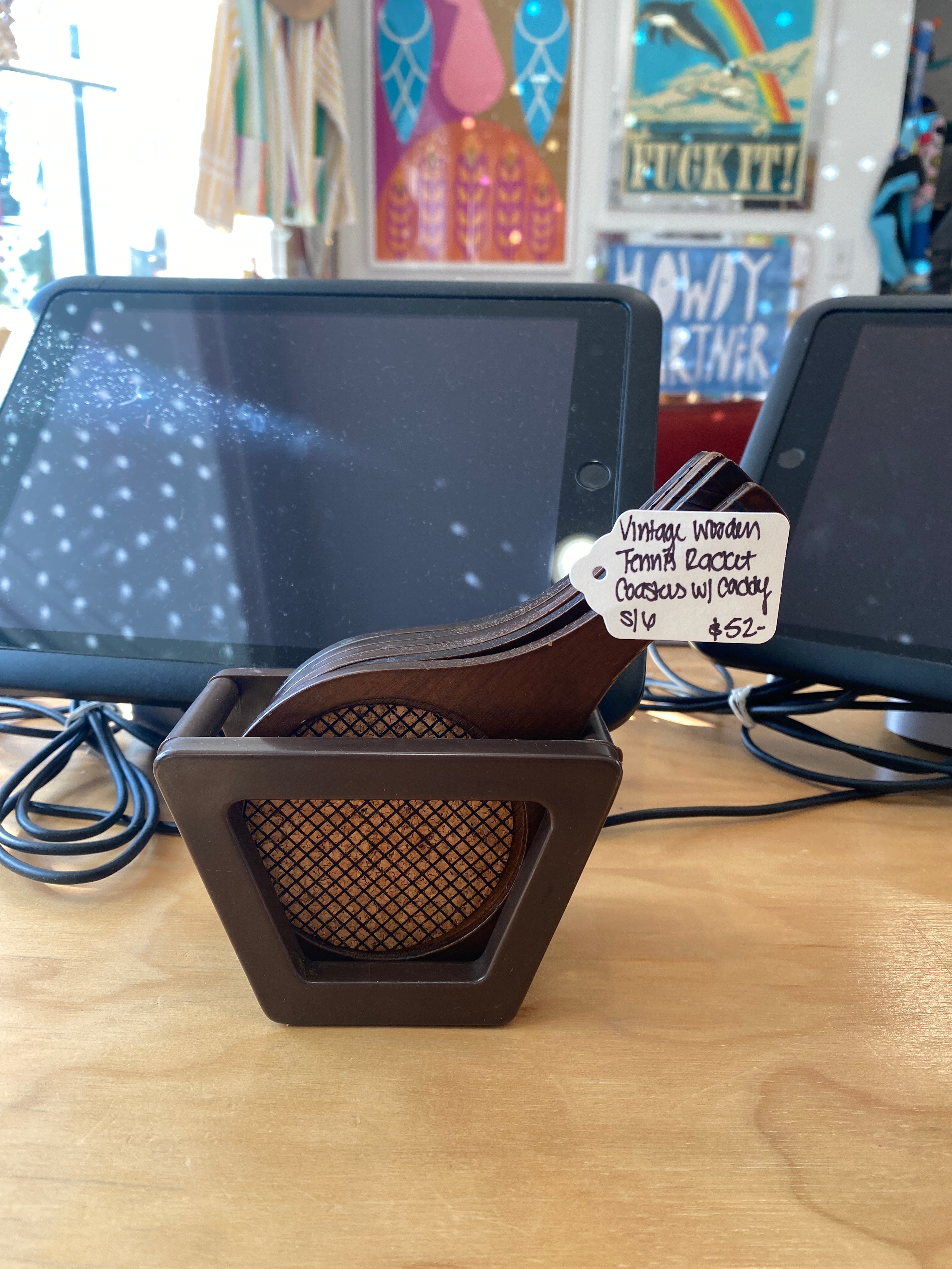 Vintage Wooden Tennis Racket Coasters with Caddy, Set of 6