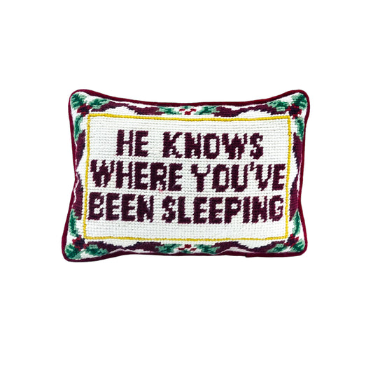 Vintage Christmas “He Knows Where You’ve Been Sleeping” Needlepoint Pillow