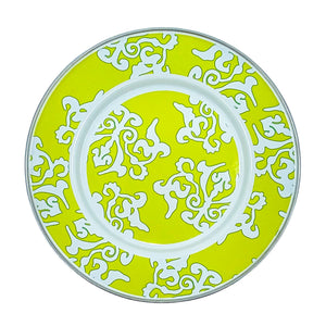 Golden Rabbit Lemon Grass Damask Enamel Metal Plates by Laura Fair, Pair