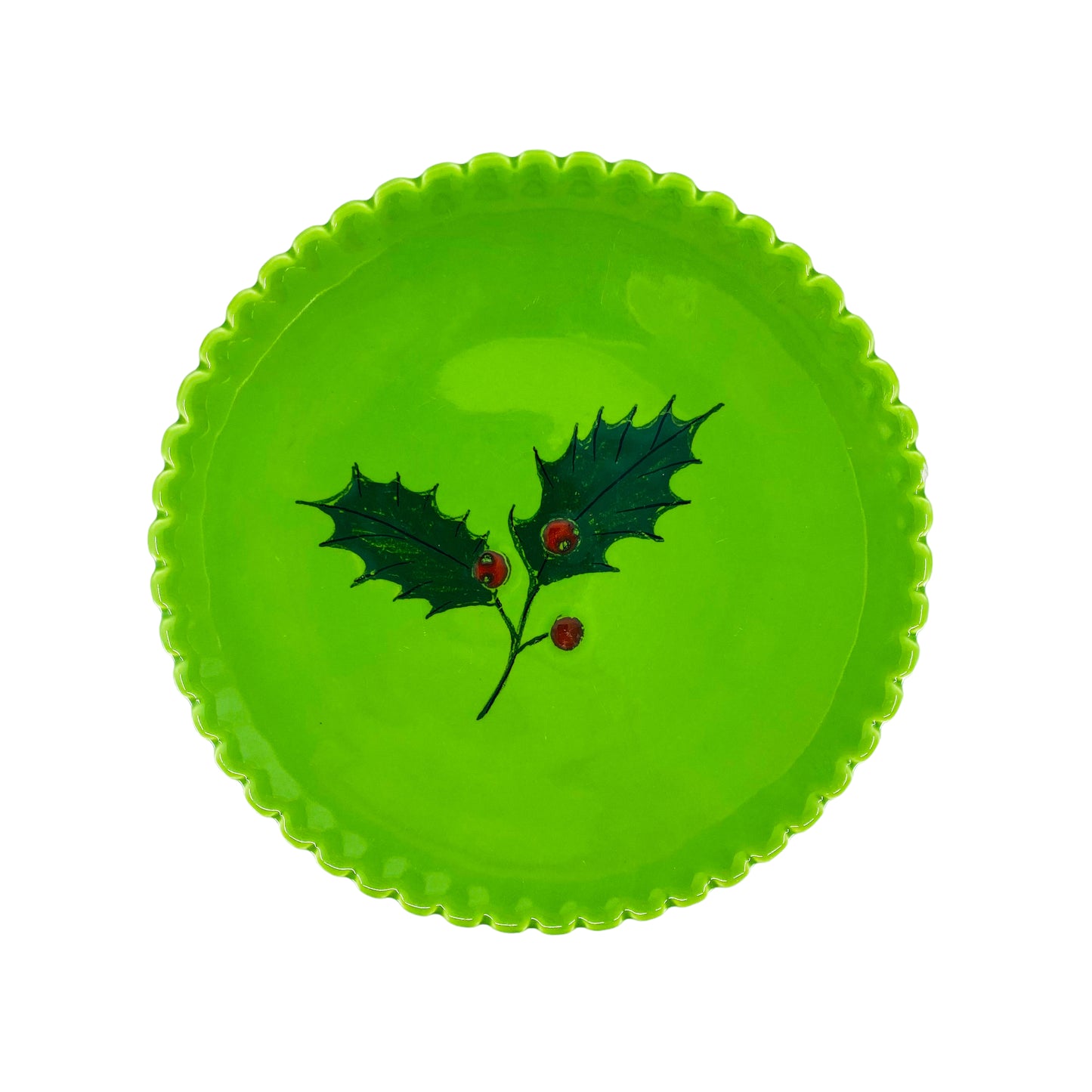 Vintage Green Scalloped Edge Ceramic Holly Plate, Italy