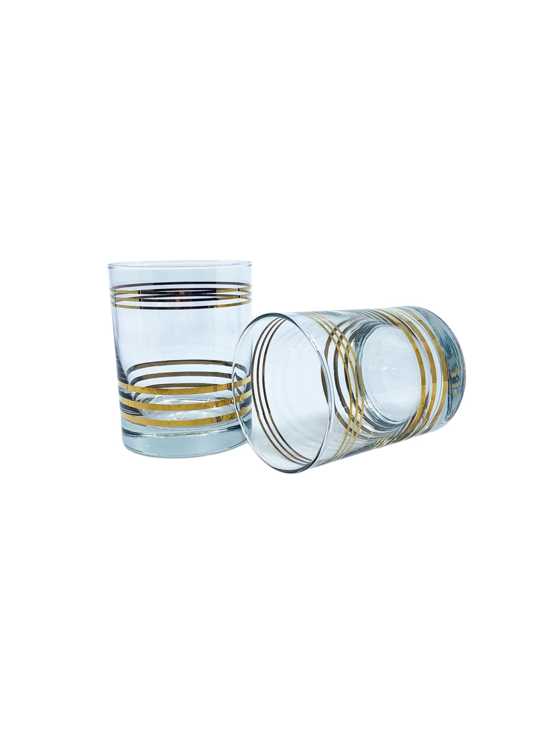 Vintage MCM Gold Striped Lowball Glasses, Pair