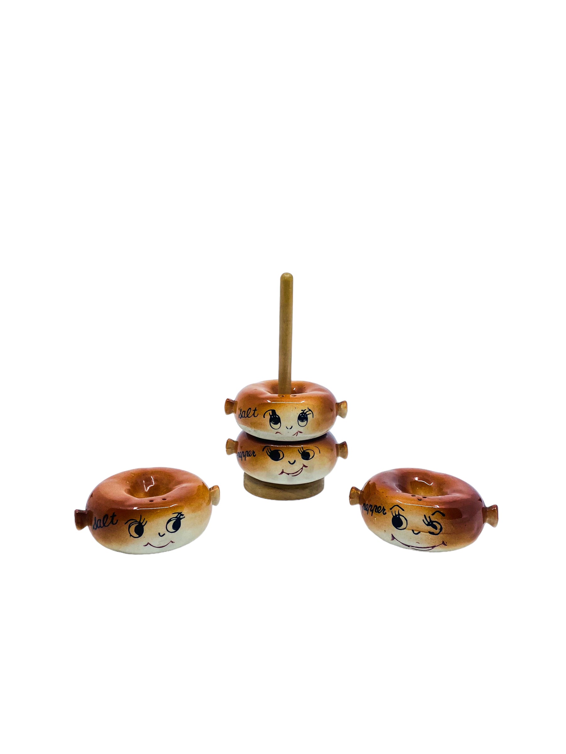 1950’s Japan Anthropomorphic Holt Howard-esque Bagel Salt & Pepper Shakers, Set of 4