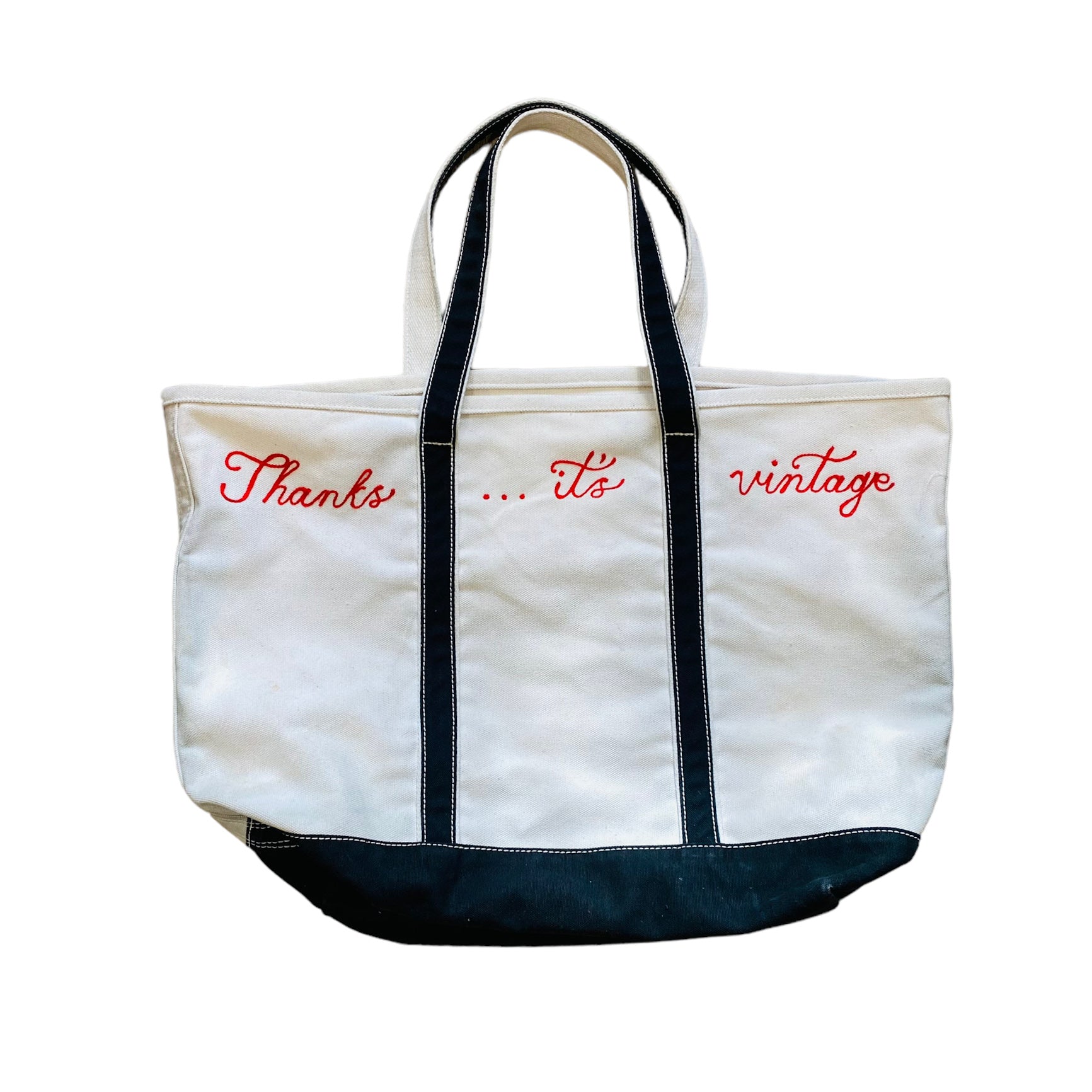 Vintage LL Bean Canvas Bag with custom Needle point “Thanks… it’s vintage” Black & Red (Large)