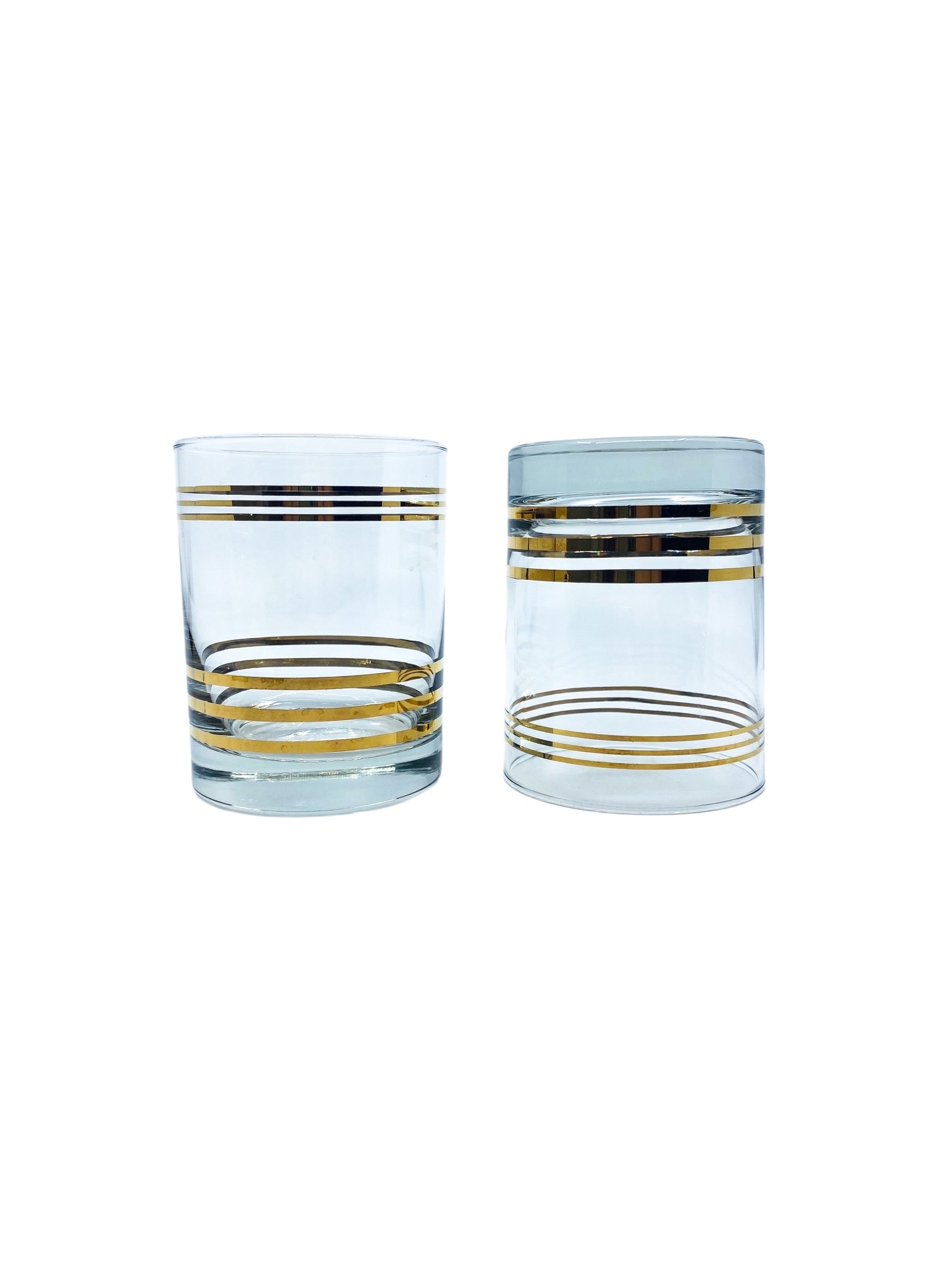 Vintage MCM Gold Striped Lowball Glasses, Pair
