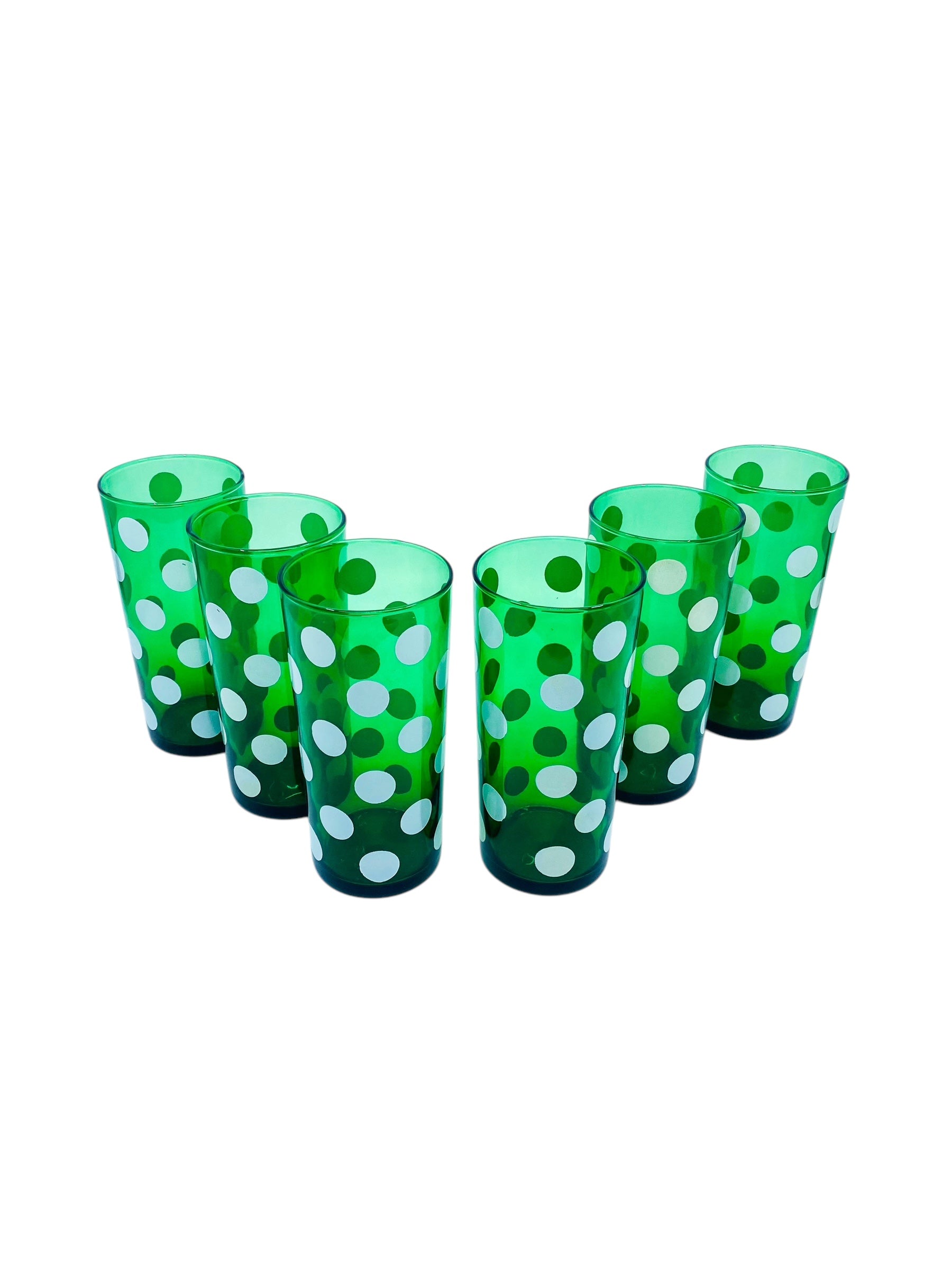 Vintage 1950’s Anchorglass Forest Green Polkadot Glasses, Set of 6