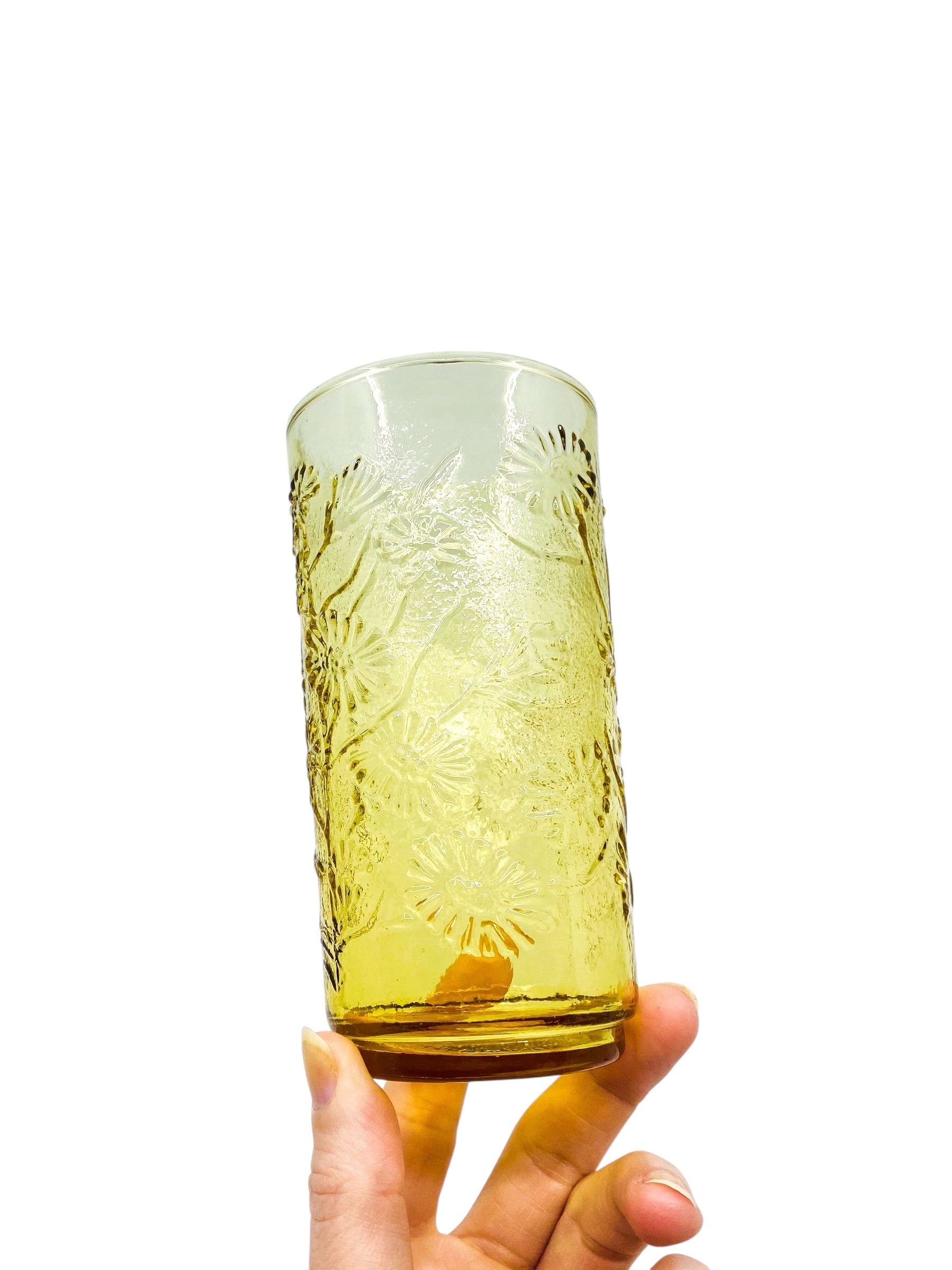 Set of Anchor Hocking Amber Daisy Glasses: 2 Highball, 2 Lowlball