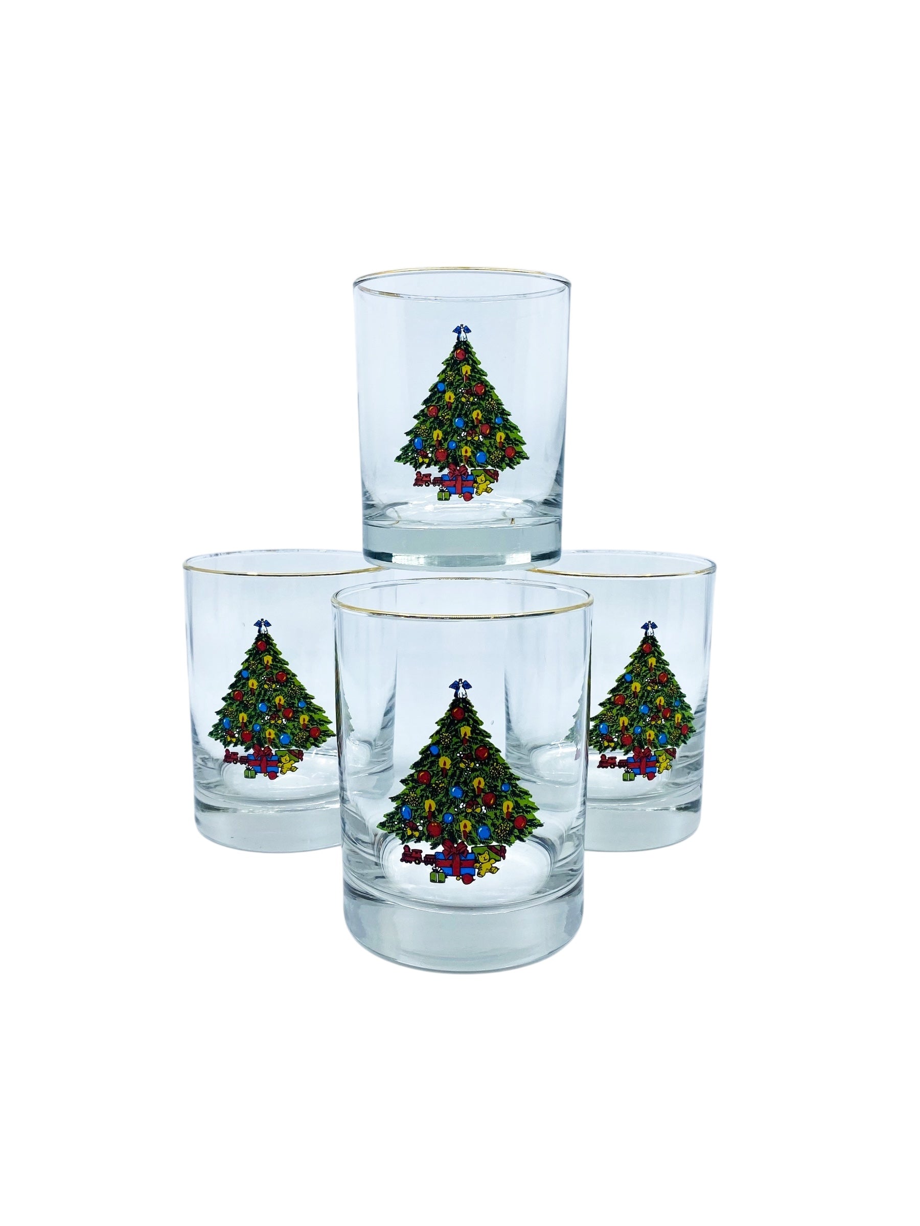Vintage 1993 Christmas Tree Double Old Fashioned Glasses, Set of 4