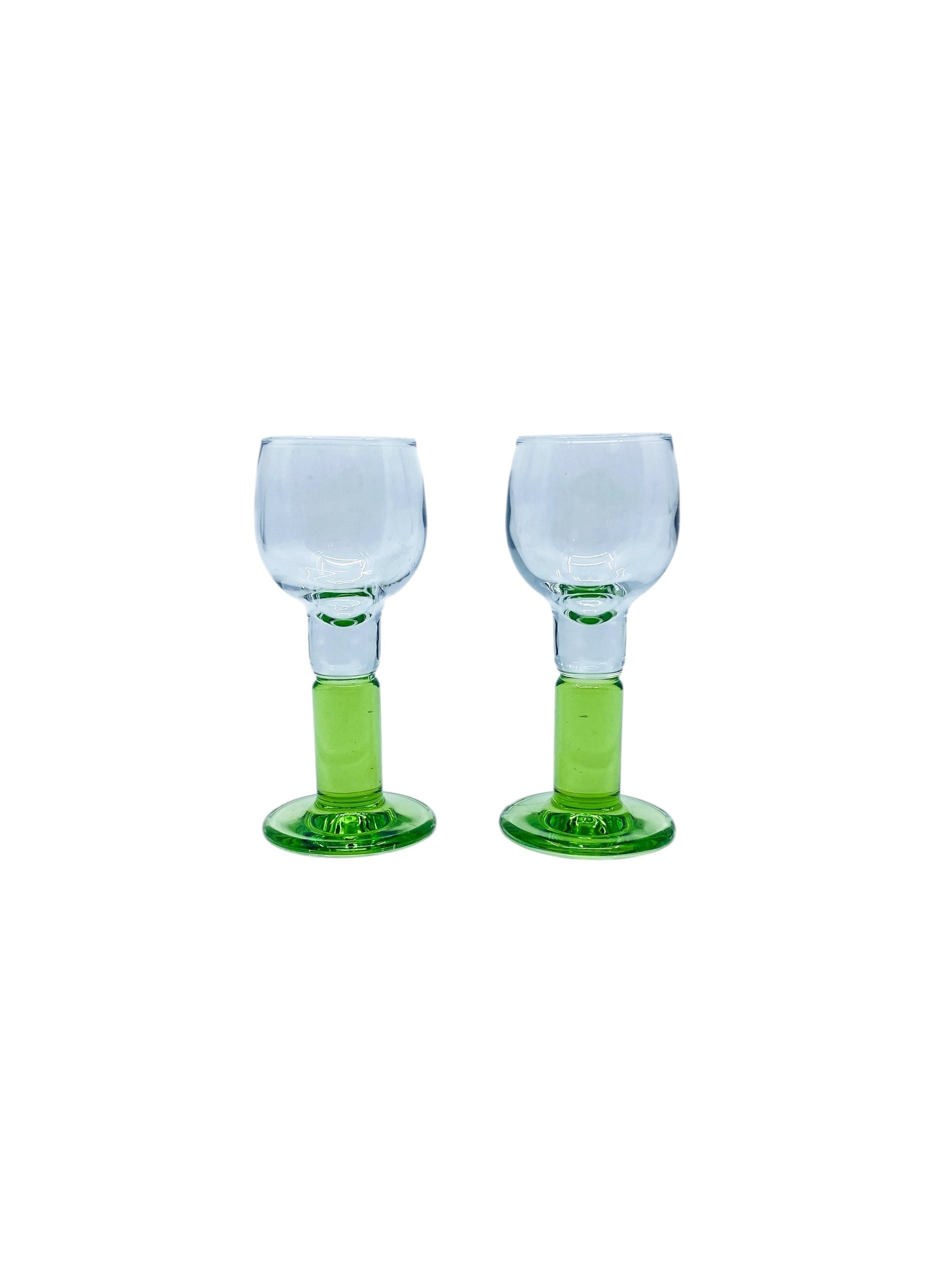 Vintage Bormioli Rocco Green Stem Cordial Glasses, Italy