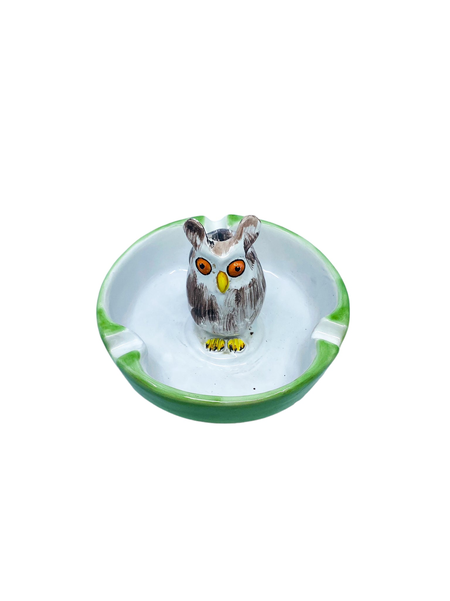 Vintage Majolica Ceramic 3D Owl Ashtray, Made in Italy