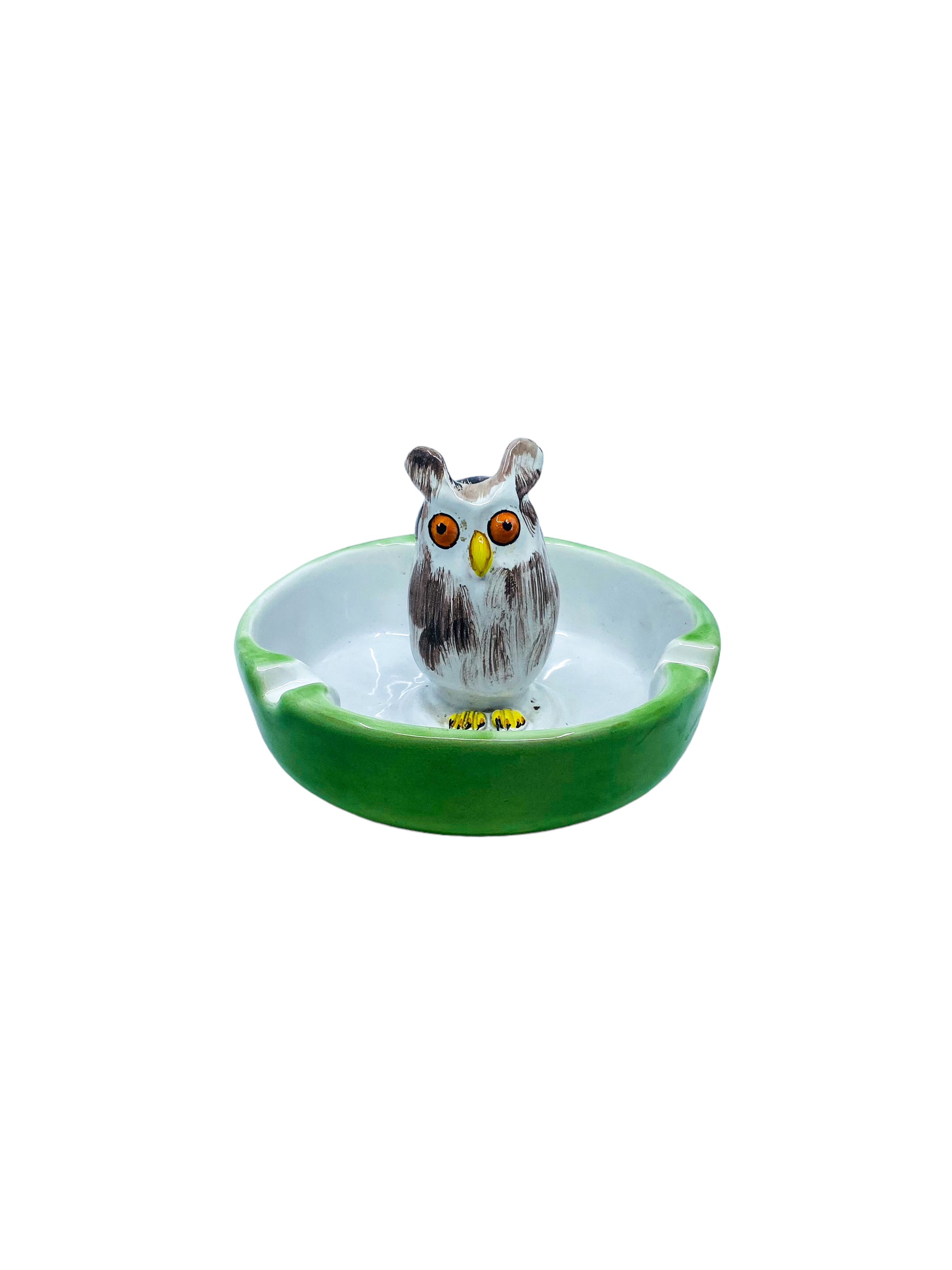 Vintage Majolica Ceramic 3D Owl Ashtray, Made in Italy