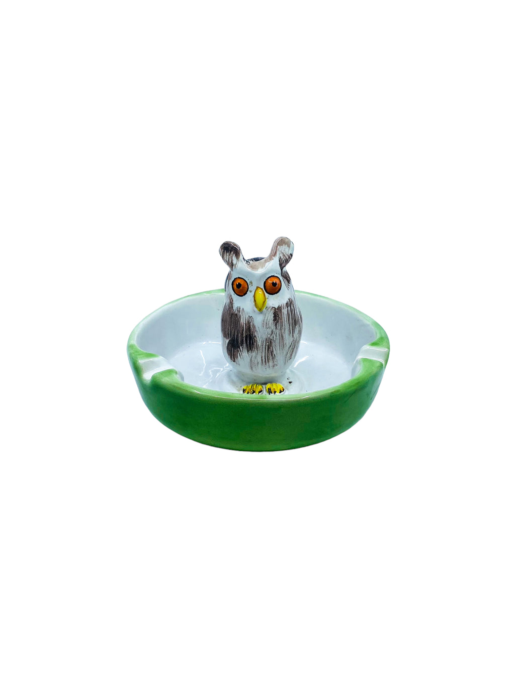 Vintage Majolica Ceramic 3D Owl Ashtray, Made in Italy