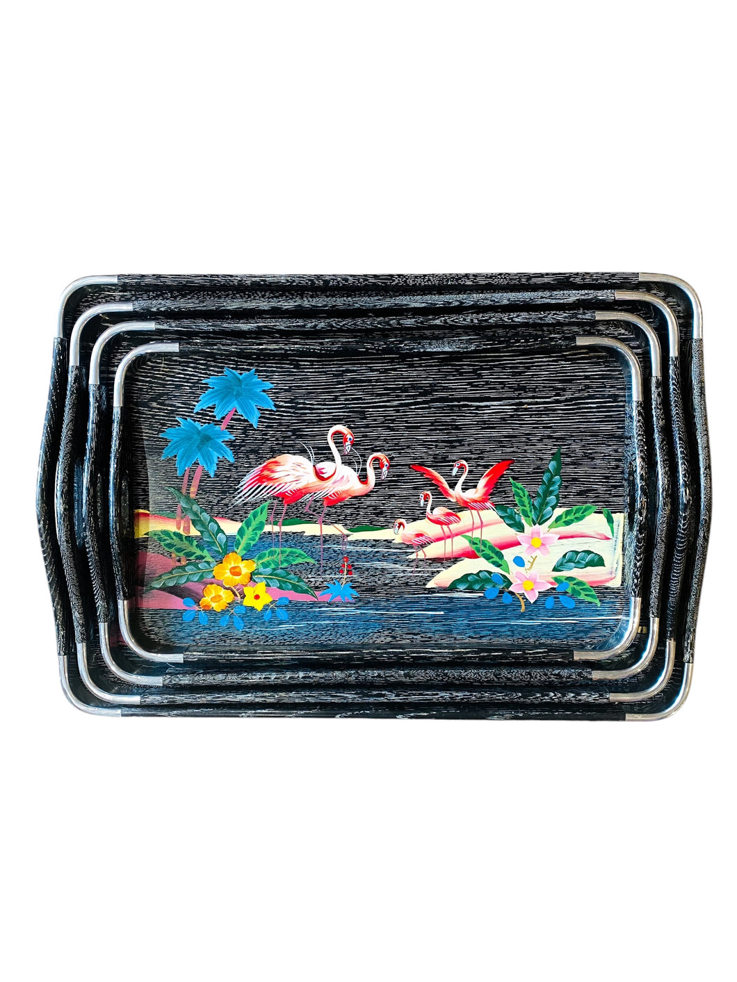 Vintage Flamingo Wooden Lacquer Tray Set of 4, Japan