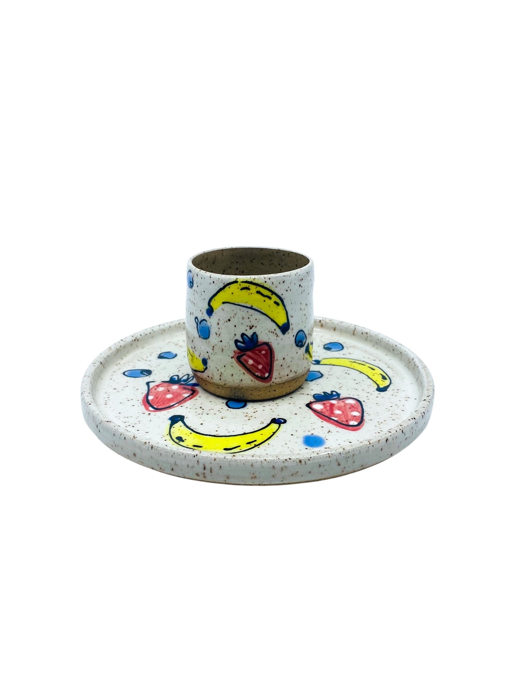 Handmade Ceramic Cup & Plate Set in Fruit Salad Print
