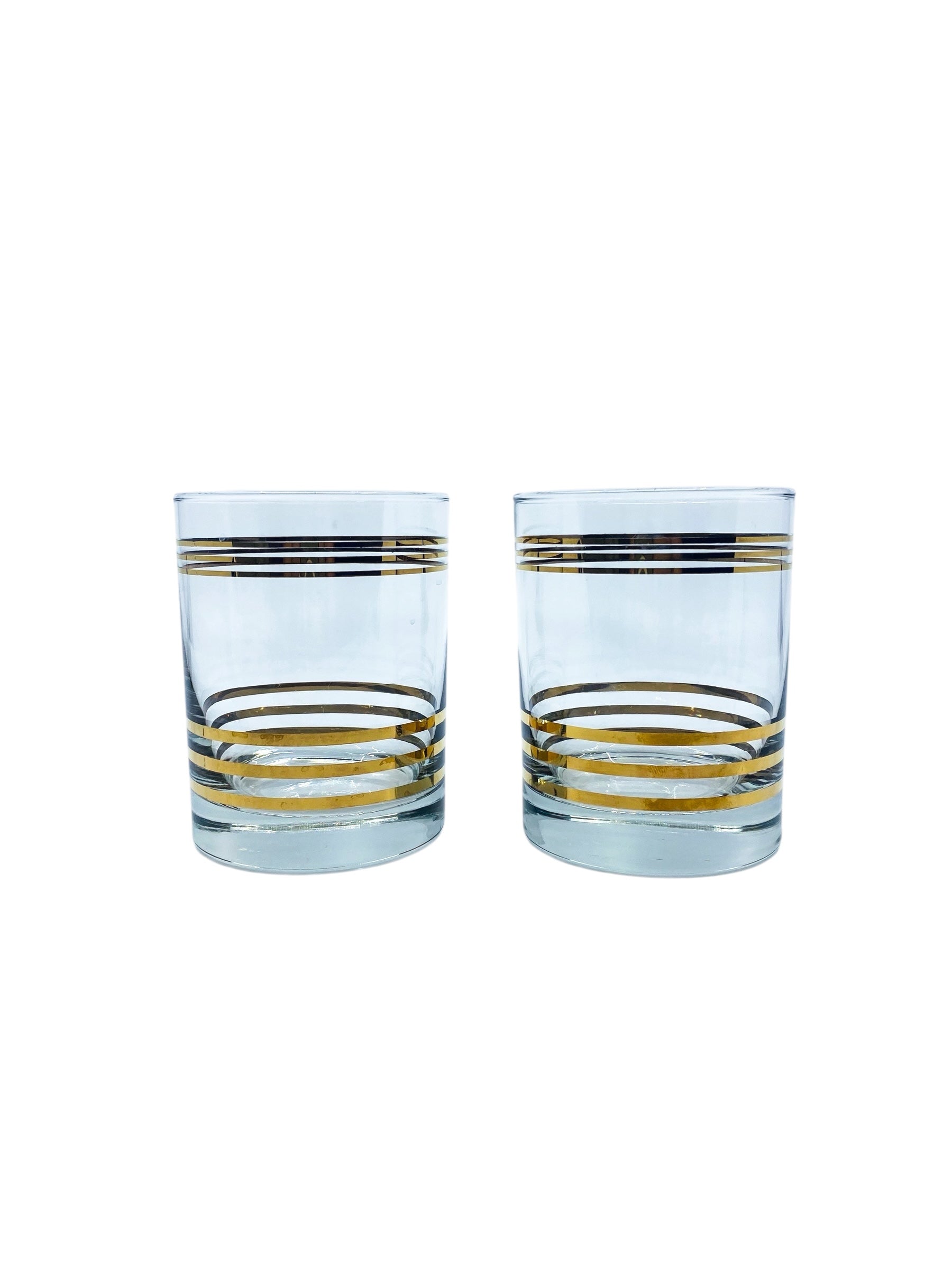 Vintage MCM Gold Striped Lowball Glasses, Pair