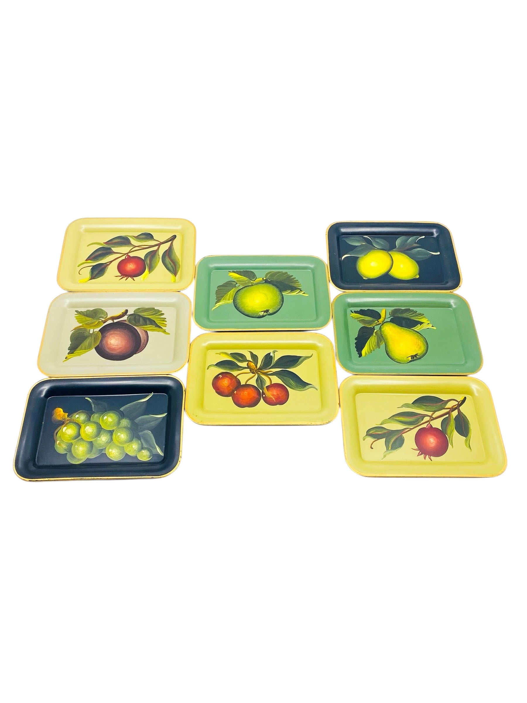Vintage Hand Painted Fruit Decorative Metal Trays, Set of 8