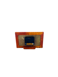 Orange Croc Embossed Leather Frame Desk Clock, Italy
