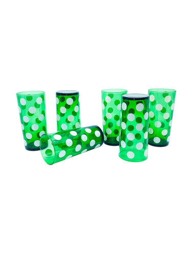 Vintage 1950’s Anchorglass Forest Green Polkadot Glasses, Set of 6