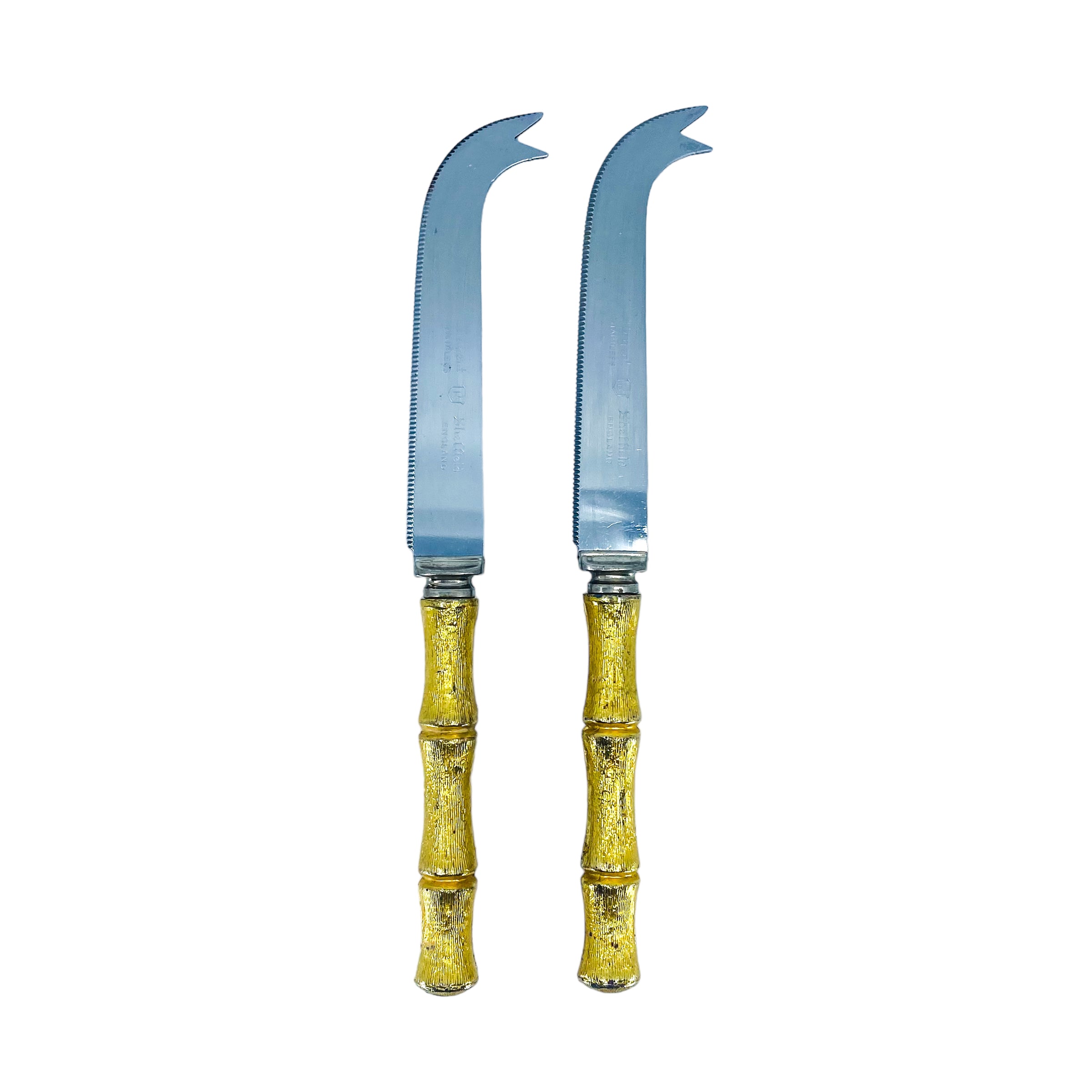 Vintage Sheffield Bamboo Handle Stainless Cheese Knives, Pair