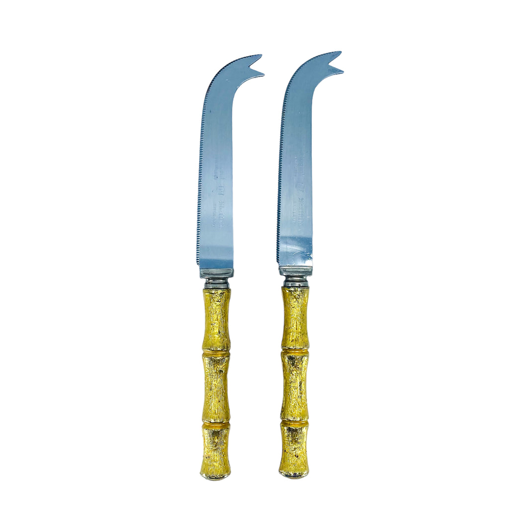 Vintage Sheffield Bamboo Handle Stainless Cheese Knives, Pair