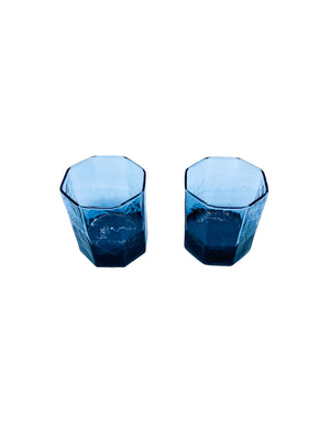 Vintage Libbey “Facet” Smoked Blue Double Old Fashioned Glasses, Pair