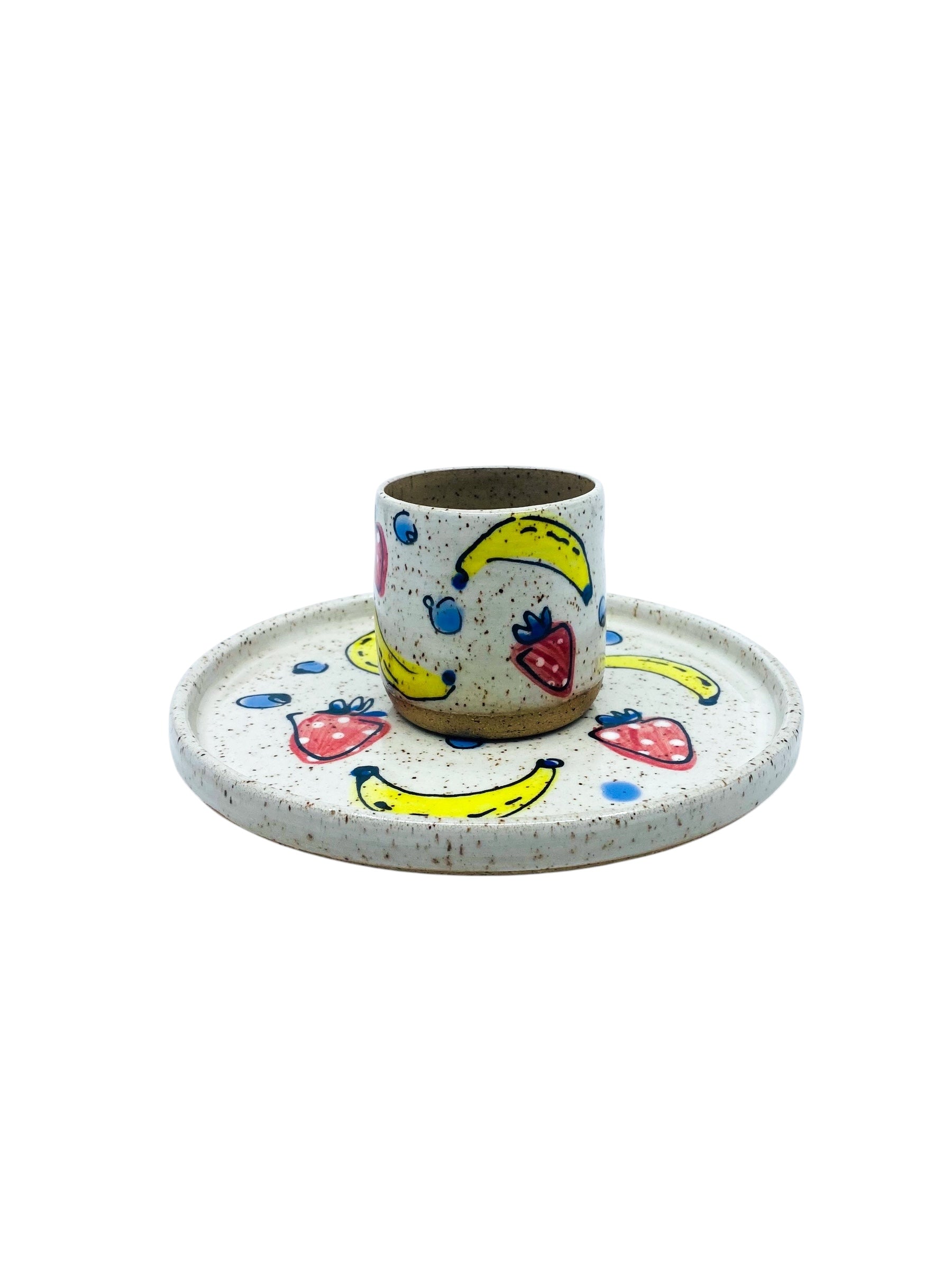 Handmade Ceramic Cup & Plate Set in Fruit Salad Print