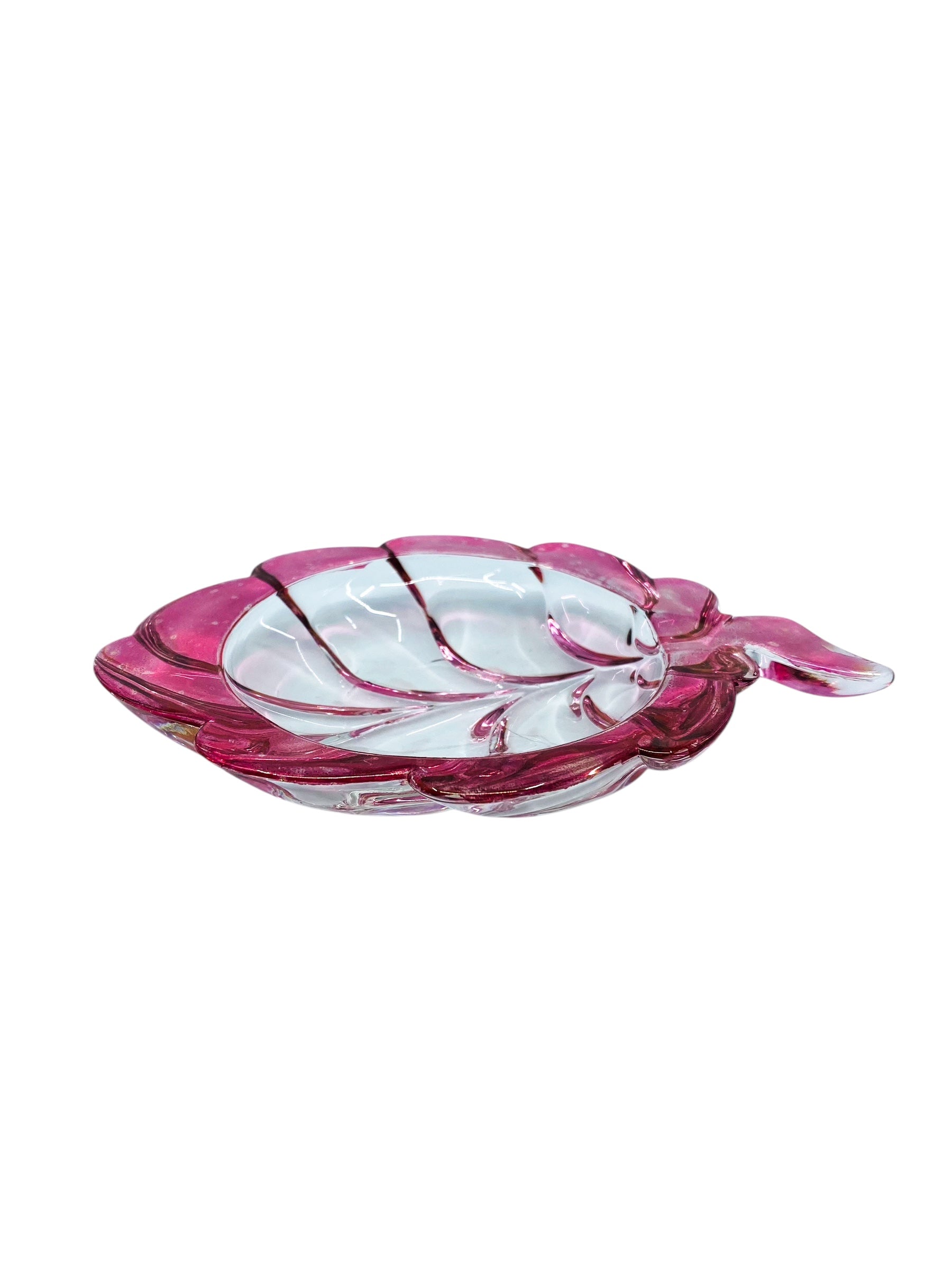 Vintage Cranberry Glass Leaf Shaped Dish