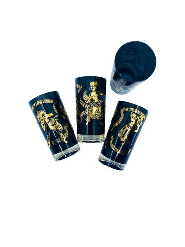 Vintage 1950’s Caribbean Calypso Black & Gold Dancer Collins Glasses by Federal Glass, S/4