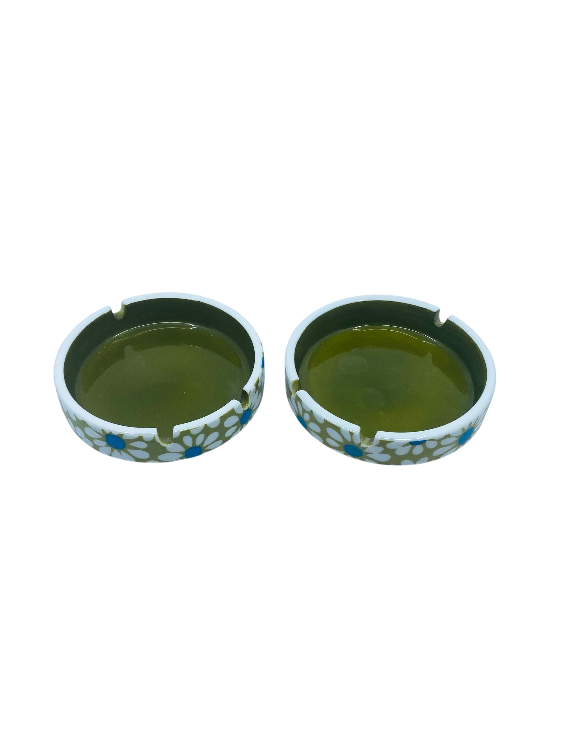1960’s Daisy Flower Power Green Ashtray, Pair