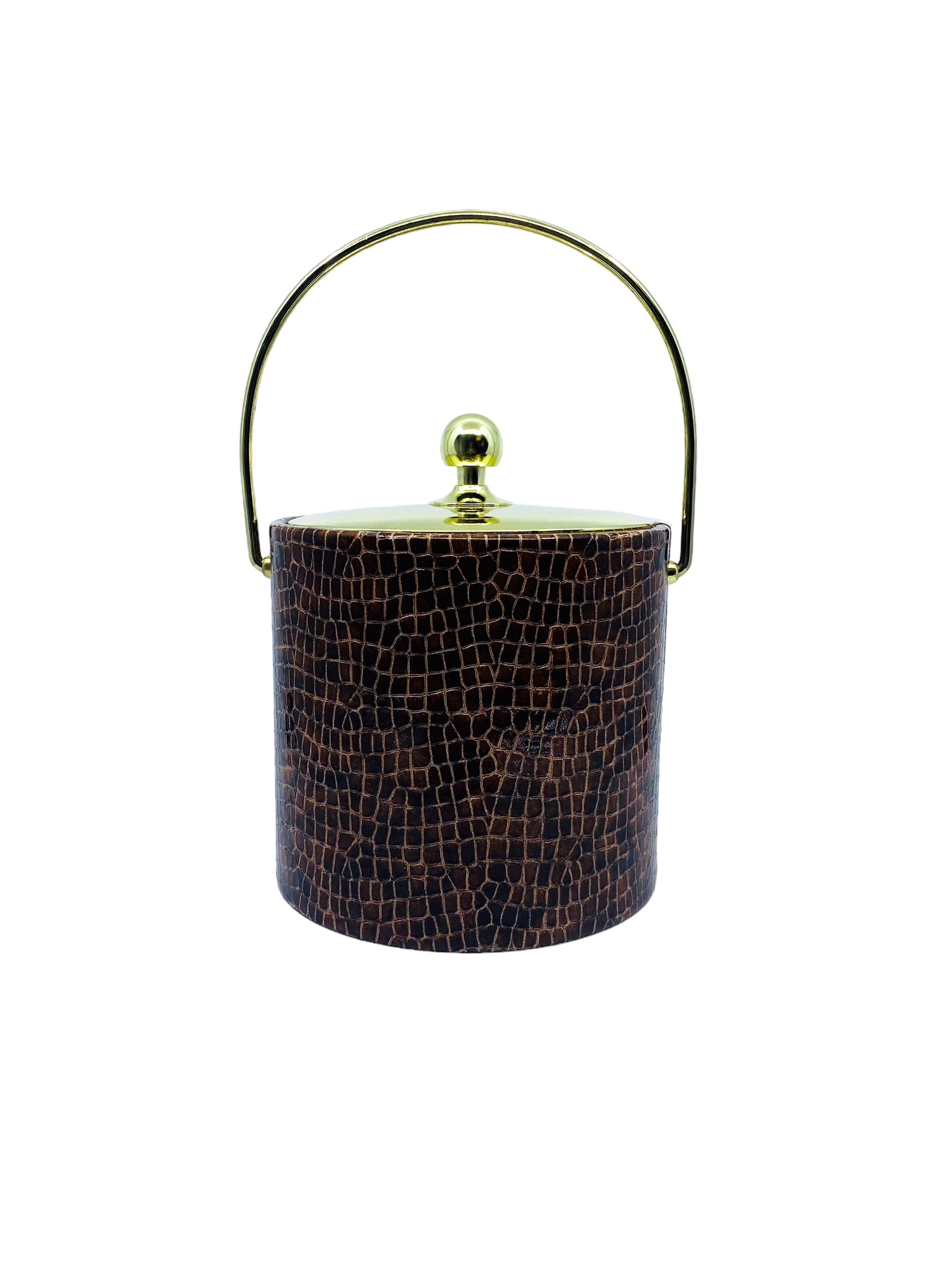 Vintage Chocolate Brown Embossed Croc Ice Bucket with Brass Detail