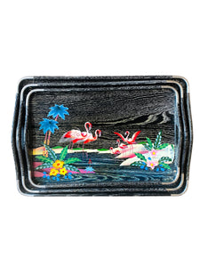 Vintage Flamingo Wooden Lacquer Tray Set of 4, Japan