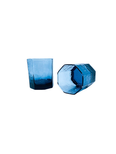 Vintage Libbey “Facet” Smoked Blue Double Old Fashioned Glasses, Pair