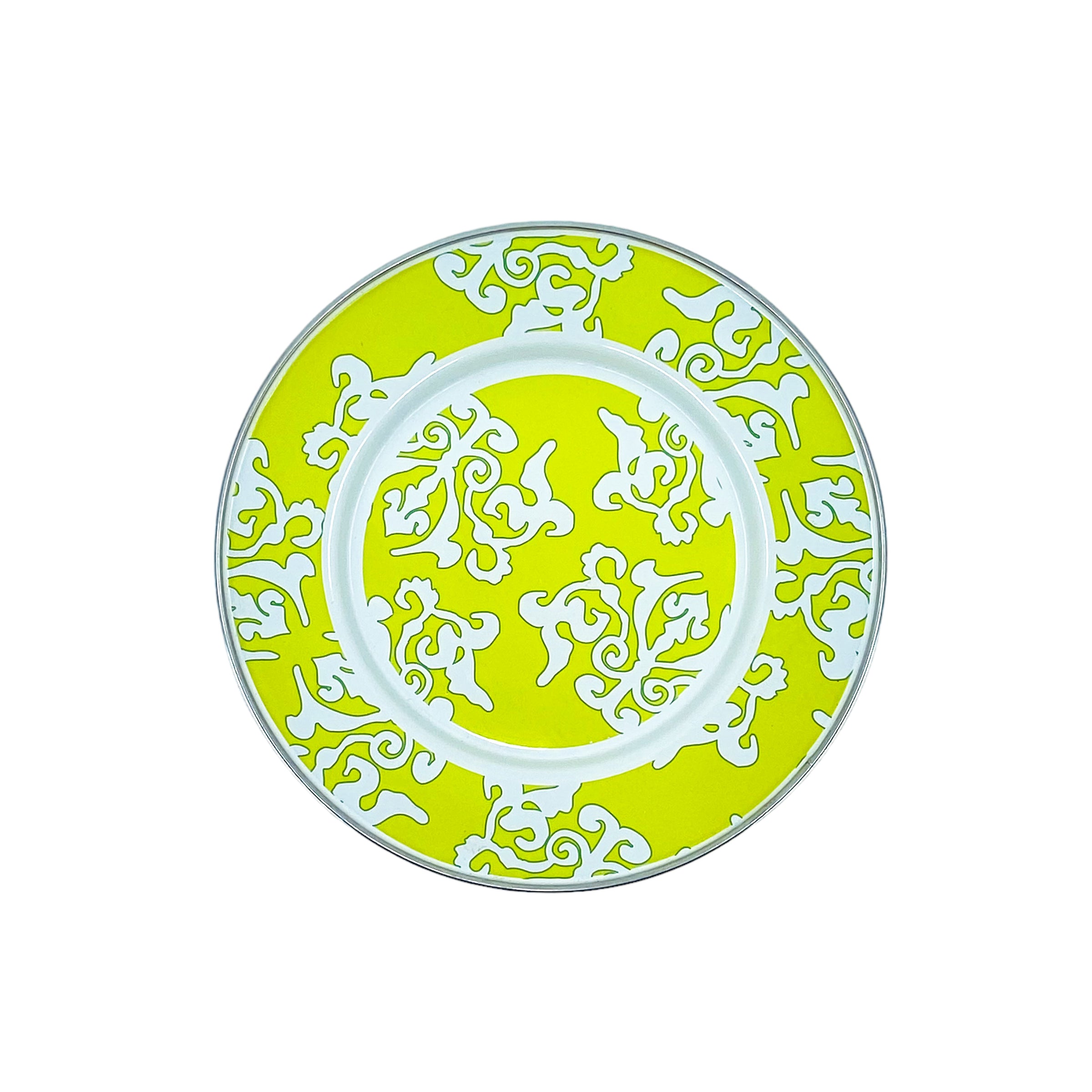 Golden Rabbit Lemon Grass Damask Enamel Metal Plates by Laura Fair, Pair