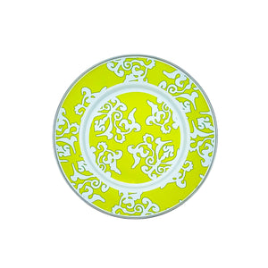 Golden Rabbit Lemon Grass Damask Enamel Metal Plates by Laura Fair, Pair