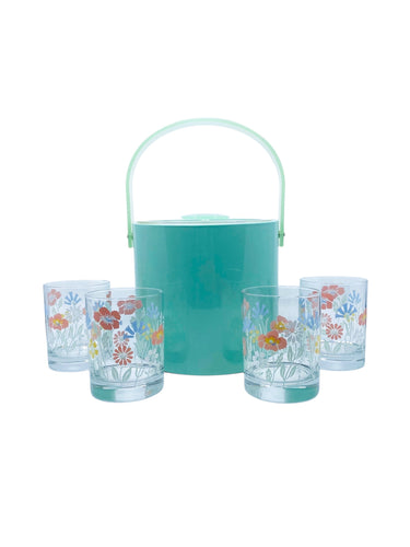 Vintage Georges Briard Floral Ice Bucket & Glasses Set, Deadstock