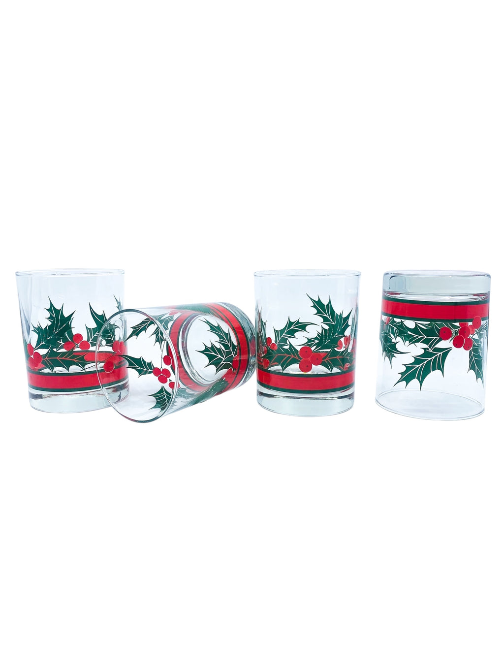 Vintage Libbey Holly & Berries Double Old Fashioned Glasses, Set of 4