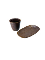 Vintage Handmade Brown Ceramic Cup & Dish Set