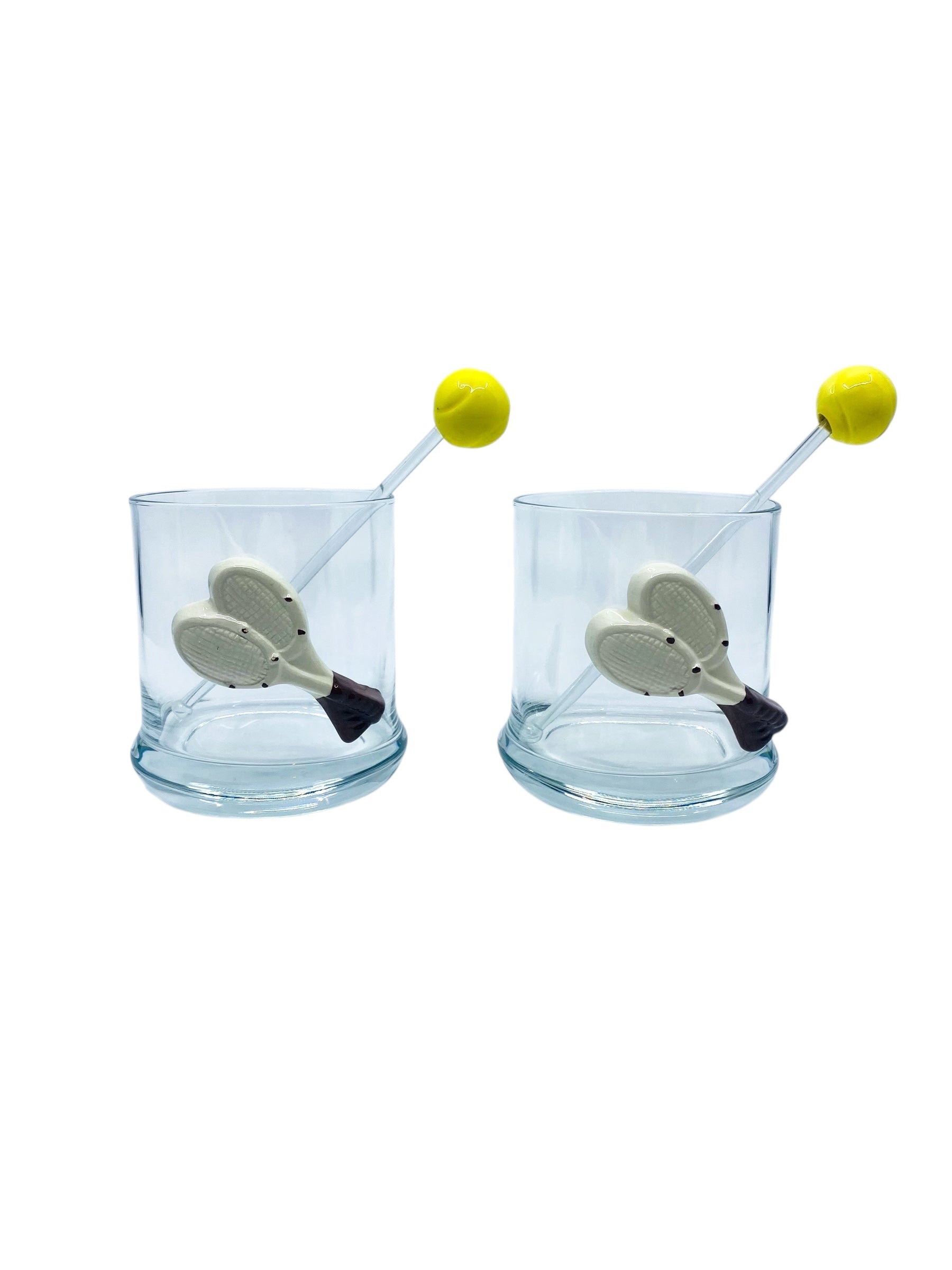 Vintage Tennis Lowball Glasses with Ceramic Rackets & Tennis Ball Stirrers, Pair