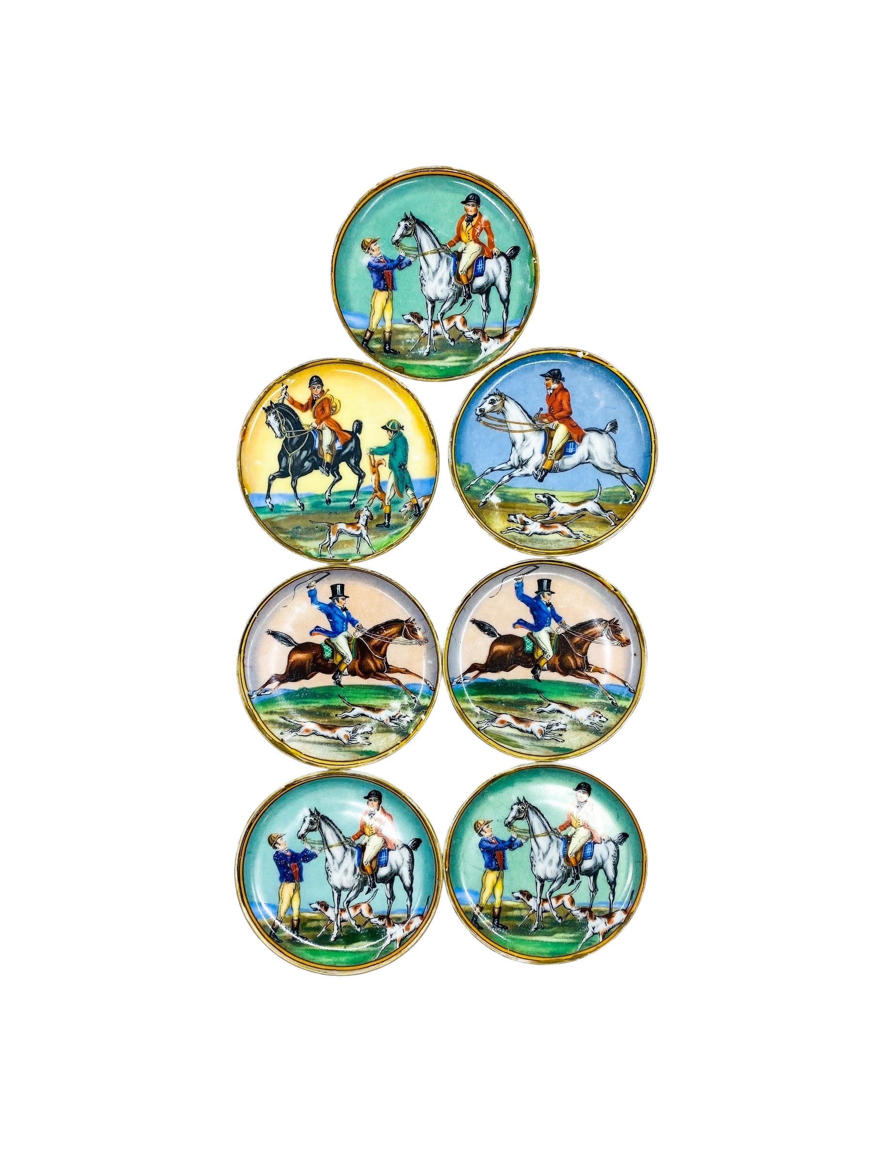 Vintage Fox Hunter & Hounds Porcelain Miniature Plates Germany, Set of 7