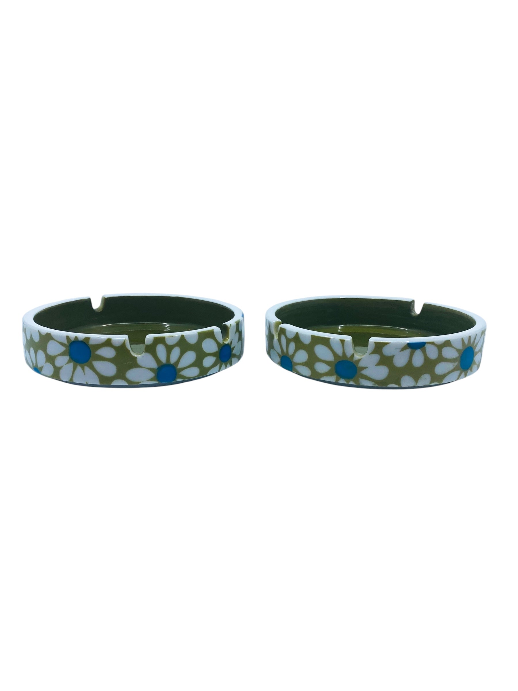 1960’s Daisy Flower Power Green Ashtray, Pair