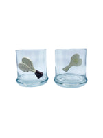 Vintage Tennis Lowball Glasses with Ceramic Rackets & Tennis Ball Stirrers, Pair